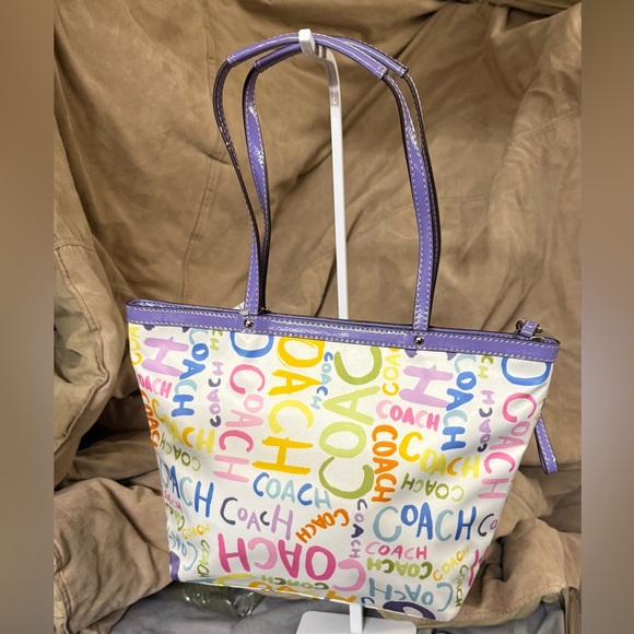 Coach Purple & White Satin Multi-Color Graffiti Tote Bag # C1282-F19419 NWT - Picture 2 of 6
